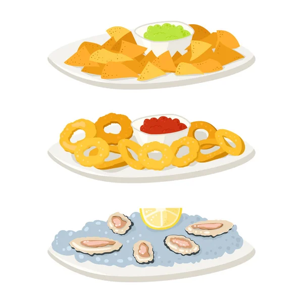 Varie ostriche carne tartaruga snack stuzzichini patatine fritte e spuntini banchetto su piatto vettoriale illustrazione . — Vettoriale Stock