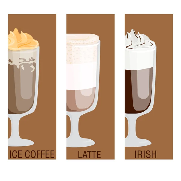 Set van verschillende transparante kopjes voor koffie soorten Mok met schuim dranken en ontbijt 's morgens teken smakelijke aromatische glas assortiment vectorillustratie. — Stockvector