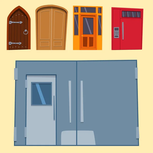 Puerta de color frente a la casa y la construcción de diseño plano estilo aislado vector ilustración moderna nueva decoración abierta elegante habitación cerradura . — Archivo Imágenes Vectoriales