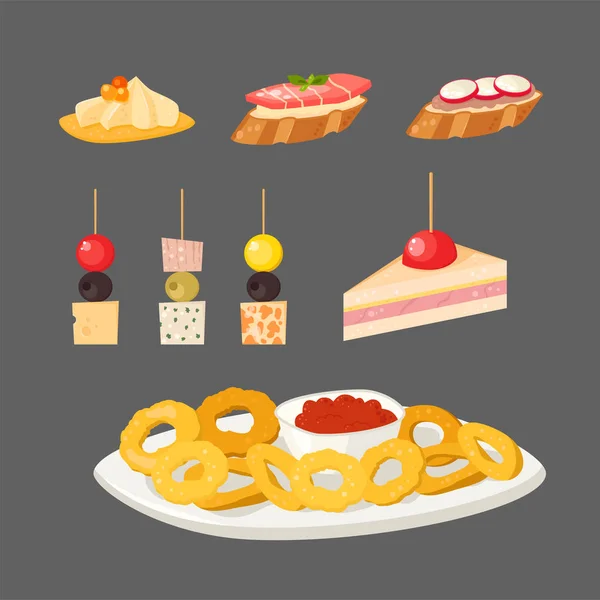 各种肉烤面包片小吃开胃菜鱼和奶酪宴会点心拼盘矢量插图. — 图库矢量图片