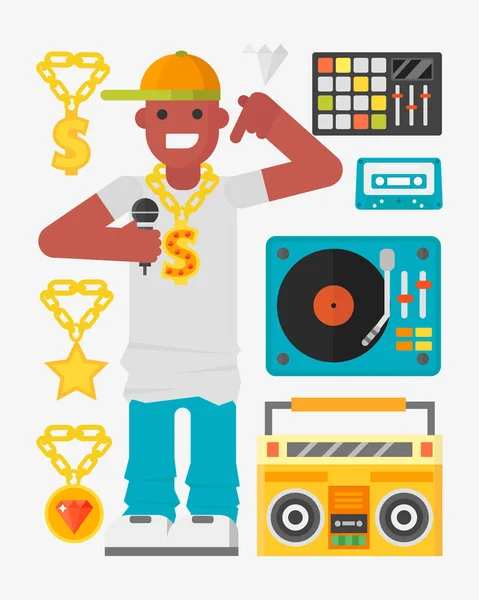 Hip hop karakter zenész mikrofon breakdance kifejező rap portré vektoros illusztráció. — Stock Vector