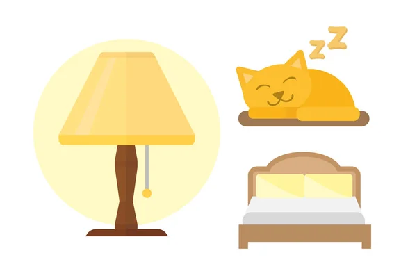 Slaap pictogrammen lamp bed vector illustratie set collectie NAP-pictogram ontspannen slapen gaan instellen slapende kat — Stockvector