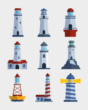 Çizgi film düz deniz feneri projektör tower deniz navigasyon rehberlik ışık vektör çizim için.