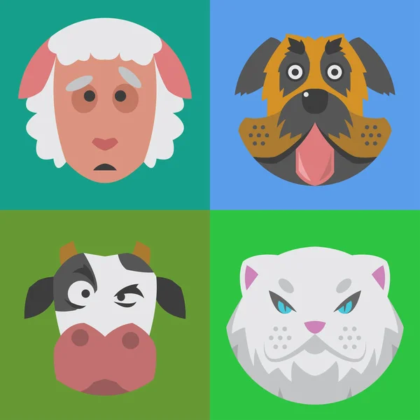 Animales lindos emociones iconos aislado divertido conjunto cara feliz personaje emoji cómic adorable mascota y expresión sonrisa colección salvaje avatar vector ilustración . — Archivo Imágenes Vectoriales