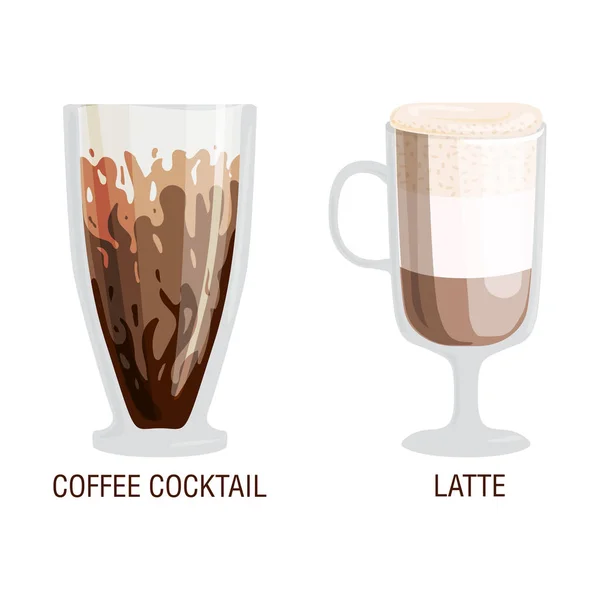 Набір з різних прозорих чашок кавових типів чашок з піною та сніданком знак ранкового сніданку смачний ароматичний асортимент скла Векторні ілюстрації . — стоковий вектор