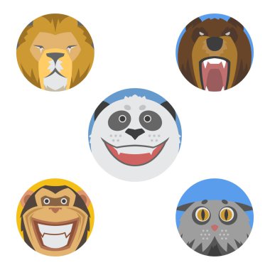 Sevimli hayvanlar duygular simgeler izole eğlenceli yüz karakter emoji komik çok güzel evde beslenen hayvan ve ifade toplama vahşi avatar vektör çizim mutlu ayarla.