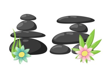 Piramit deniz çakıl üzerinden rahatla yığın taşlar izole ve sağlıklı sağlık siyah masaj meditasyon doğal aracı spa denge terapi zen vektör çizim.