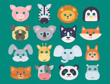 Festival dekorasyon maskeli balo ve parti kostüm sevimli çizgi baş dekor izole kutlama vektör çizim hayvanlar karnaval maskesi vektör ayarla.