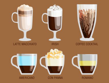 Şeffaf bardak farklı türleri kupa köpük içecek ve Kahvaltı sabah işareti lezzetli aromatik cam ürün yelpazesine vektör çizim ile kümesi.