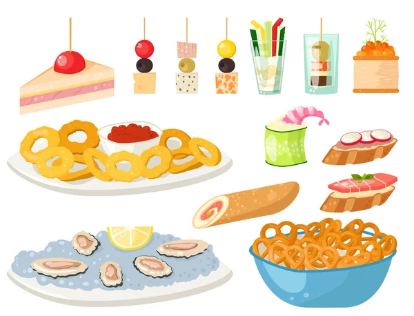 Diversos bocadillos de canapé de carne aperitivo aperitivos de banquete de pescado y queso en la ilustración vector de plato . — Archivo Imágenes Vectoriales