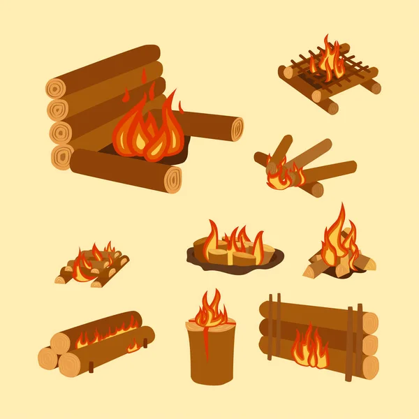 Ilustração isolada de troncos de fogueira queimando fogueira e vetor de pilha de lenha —  Vetores de Stock