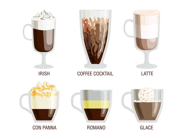 Ensemble de différentes tasses transparentes de types de café tasse avec boisson en mousse et petit déjeuner signe matin savoureux assortiment de verre aromatique illustration vectorielle . — Image vectorielle