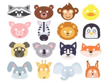 Festival dekorasyon maskeli balo ve parti kostüm sevimli çizgi baş dekor izole kutlama vektör çizim hayvanlar karnaval maskesi vektör ayarla.