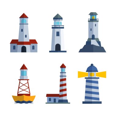 Çizgi film düz deniz feneri projektör tower deniz navigasyon rehberlik ışık vektör çizim için.