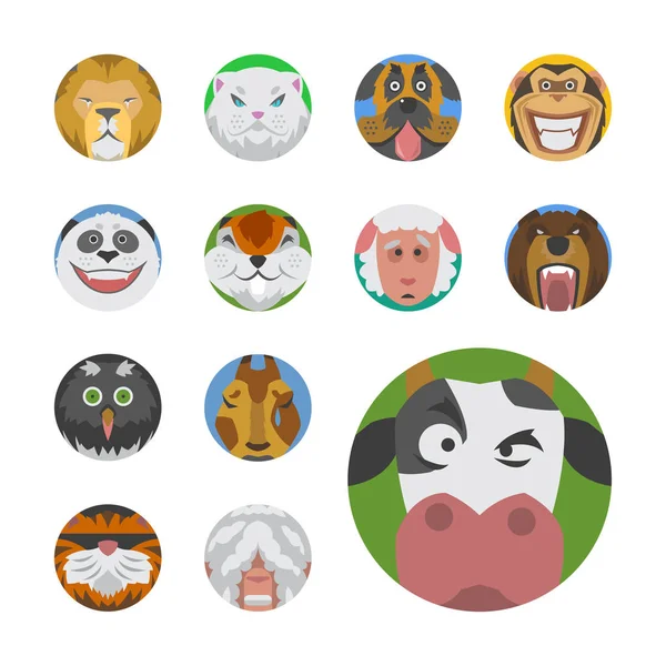 Cute animals emotions icons isolated fun set face happy character emoji comic adorable pet and expression smile collection wild avatar vector illustration. — Stock Vector