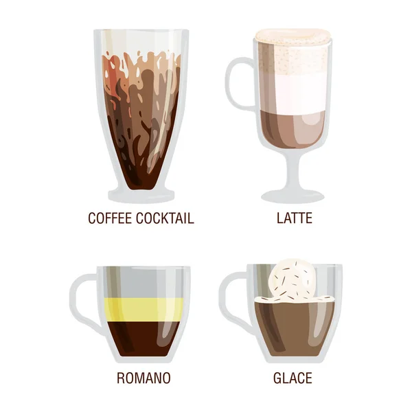 Conjunto de diferentes xícaras transparentes de tipos de café caneca com bebida de espuma e café da manhã sinal saboroso aromático vidro variedade vetor ilustração . —  Vetores de Stock