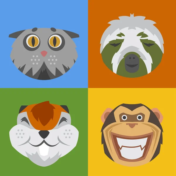 Cute animals emotions icons isolated fun set face happy character emoji comic adorable pet and expression smile collection wild avatar vector illustration. — Stock Vector