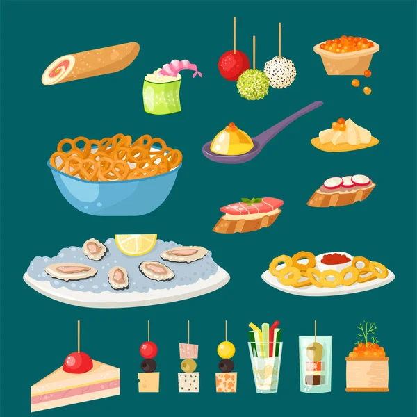 Various meat canape snacks appetizer fish and cheese banquet snacks on platter vector illustration. — Stock Vector