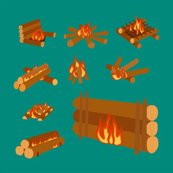 キャンプファイヤーの隔離された図を記録燃える焚き火と薪スタック ベクトル — ストックベクタ