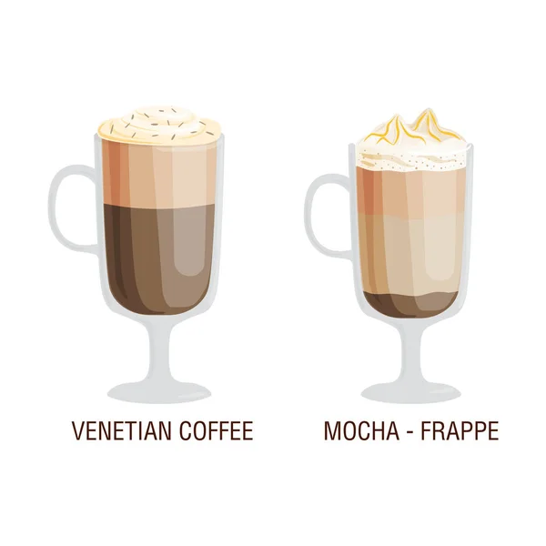 Набір з різних прозорих чашок кавових типів чашок з піною та сніданком знак ранкового сніданку смачний ароматичний асортимент скла Векторні ілюстрації . — стоковий вектор
