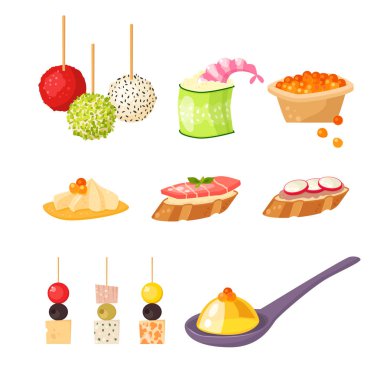 Çeşitli et kanepe aperatifler meze balık ve peynir Ziyafet snacks plakalı vektör çizim.