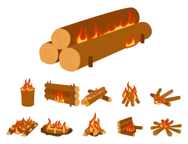 Illustrazione isolata dei tronchi di falò che bruciano il falò e il vettore della pila di legna — Vettoriale Stock