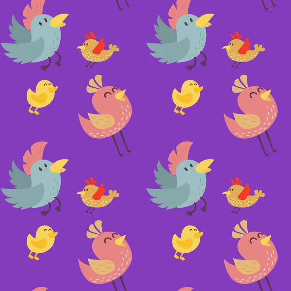 Oiseaux mignons motif sans couture vectoriel illustration dessin animé coloré — Image vectorielle