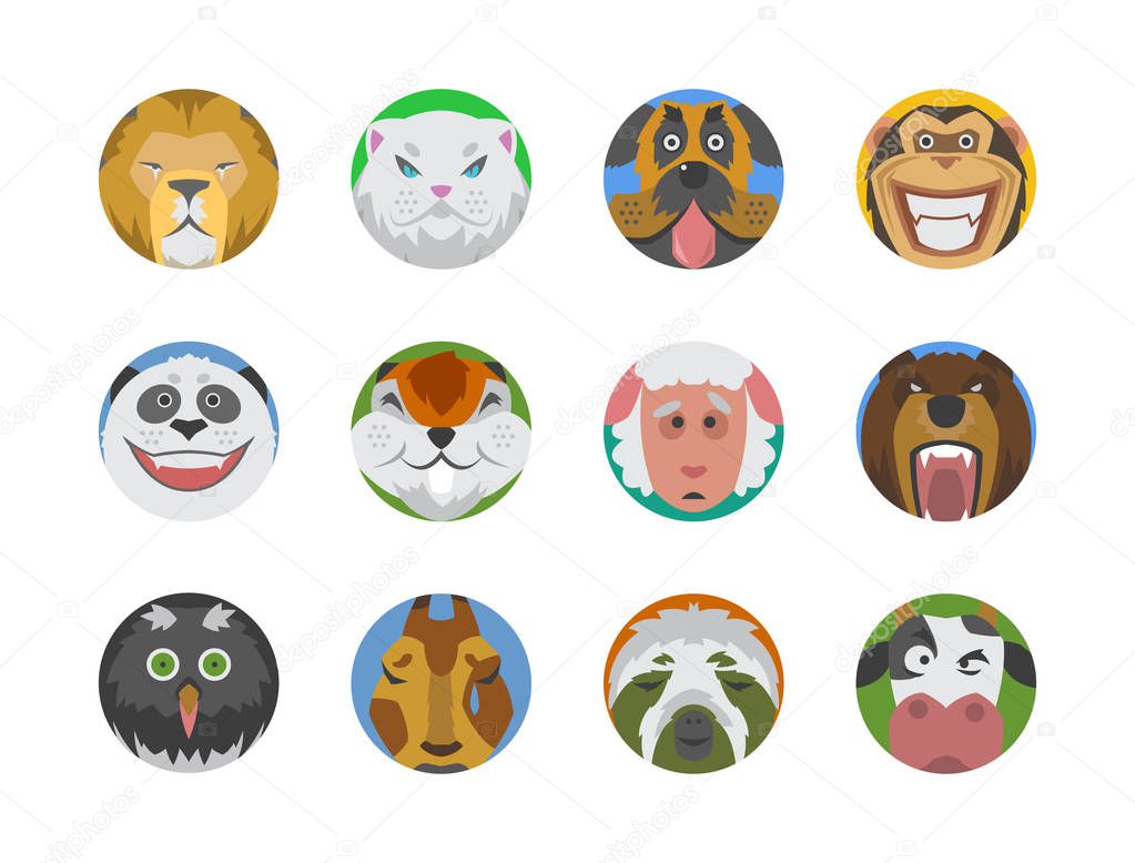 Cute animals emotions icons isolated fun set face happy character emoji comic adorable pet and expression smile collection wild avatar vector illustration.