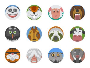 Sevimli hayvanlar duygular simgeler izole eğlenceli yüz karakter emoji komik çok güzel evde beslenen hayvan ve ifade toplama vahşi avatar vektör çizim mutlu ayarla.