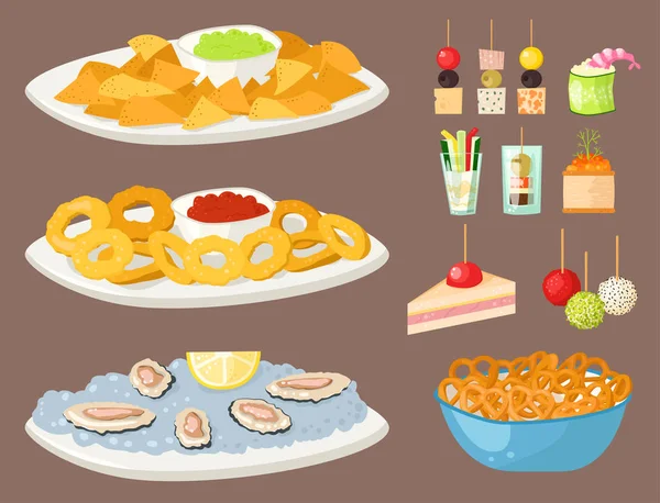 Diverse vlees canapé snacks voorgerecht vis en kaas feestzaal hapjes op schotel vectorillustratie. — Stockvector