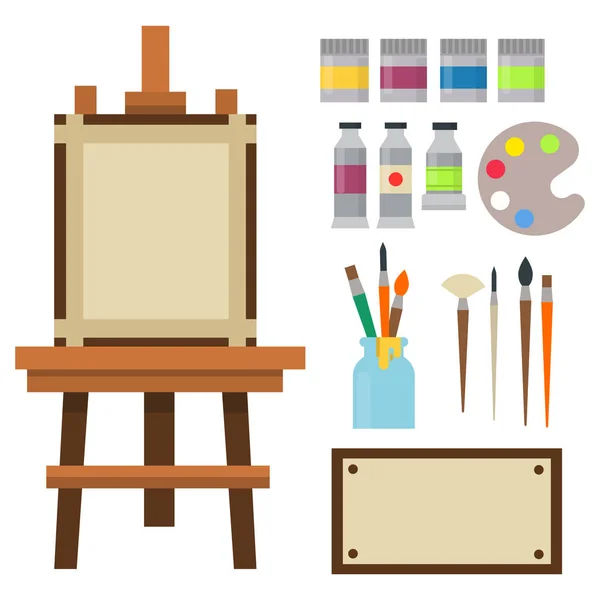 Pintura ferramentas de arte paleta ícone conjunto vetor plano ilustração detalhes papelaria pintura criativa equipamento . — Vetor de Stock