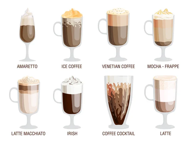 Ensemble de différentes tasses transparentes de types de café tasse avec boisson en mousse et petit déjeuner signe matin savoureux assortiment de verre aromatique illustration vectorielle . — Image vectorielle