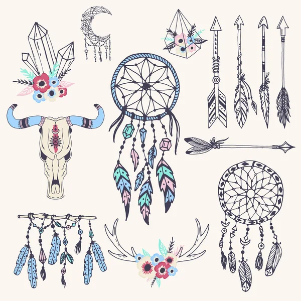 Marcos de estilo boho creativo mady plumas étnicas flechas y elementos florales vector ilustración . — Archivo Imágenes Vectoriales