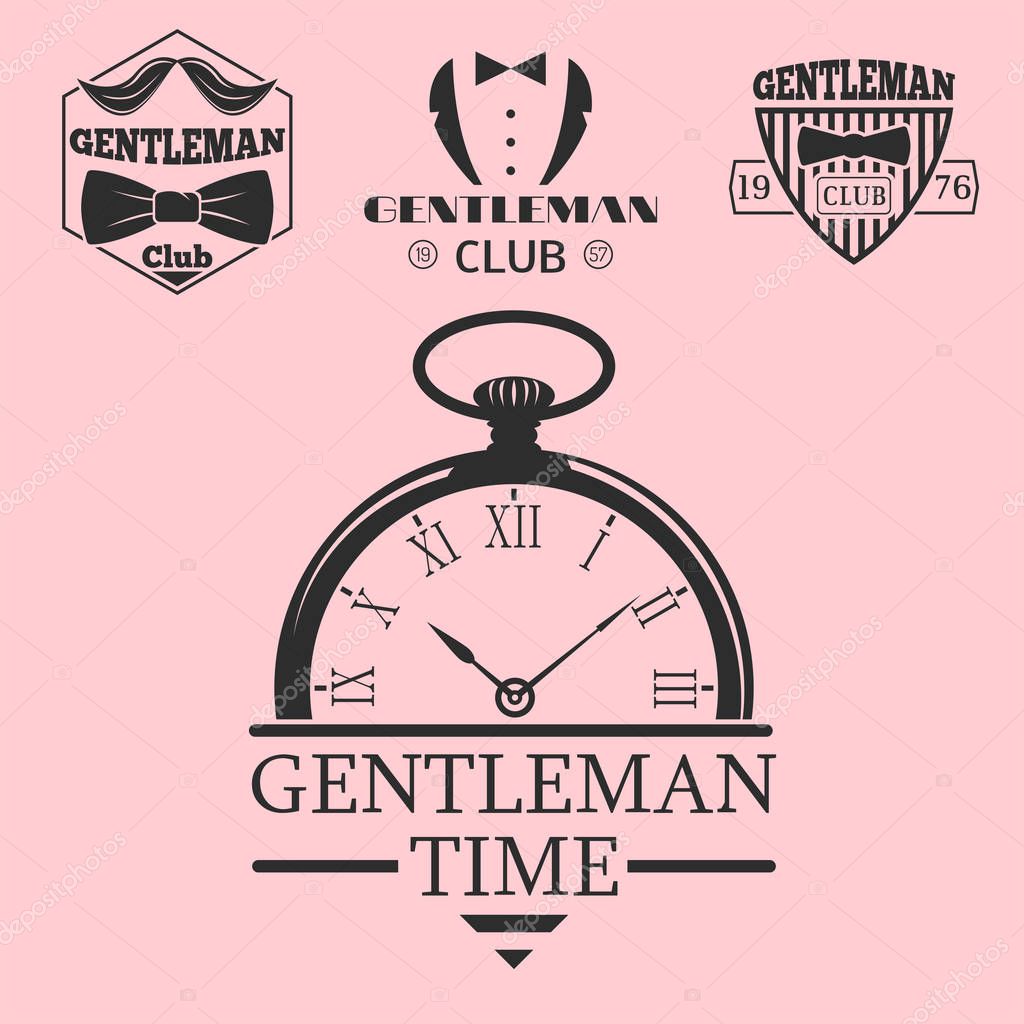 Vintage style pocket watch gentleman logo vector illustration badge antique graphic design mustache element. Premium quality man shop stamp classic haircut fashion moustache barber sign.