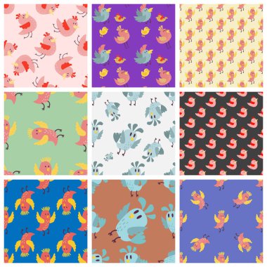 Sevimli kuş Dikişsiz desen vektör çizim karikatür renkli set