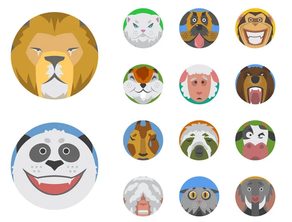 Roztomilý zvířat emoce ikony izolované zábavná sada tvář happy znaků emoji komické rozkošný mazlíček a výraz úsměv kolekce wild avatar vektorové ilustrace. — Stockový vektor