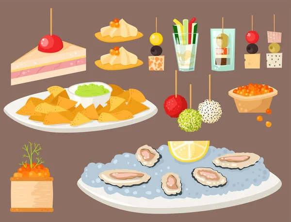 Различные мясные закуски канапе закуска рыба и сырные закуски банкет на блюдечке векторной иллюстрации . — стоковый вектор