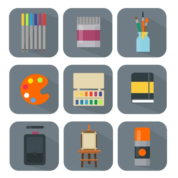 Pintura arte herramientas paleta icono conjunto vector plano ilustración detalles papelería pintura creativa equipo . — Vector de stock