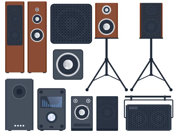 Technologie zařízení subwooferu reproduktory domácí zvukový systém stereo plochých vector hudební přehrávač. — Stockový vektor