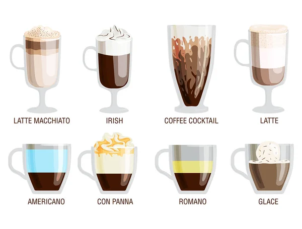 Set de diferentes tazas transparentes de tipos de café taza con espuma de bebidas y desayuno signo de la mañana sabroso aromático vidrio surtido vector ilustración . — Vector de stock
