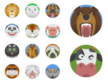 Sevimli hayvanlar duygular simgeler izole eğlenceli yüz karakter emoji komik çok güzel evde beslenen hayvan ve ifade toplama vahşi avatar vektör çizim mutlu ayarla.