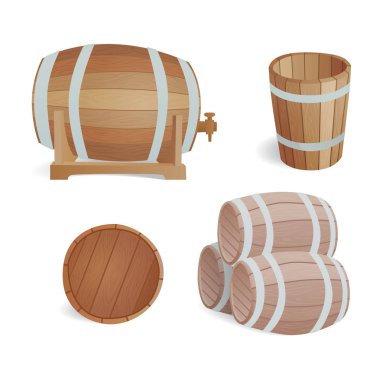 Ahşap varil vintage eski stil meşe saklama kabı ve kahverengi izole retro sıvı İçecek nesne damıtım kargo fermantasyon lager vektör çizim davul.
