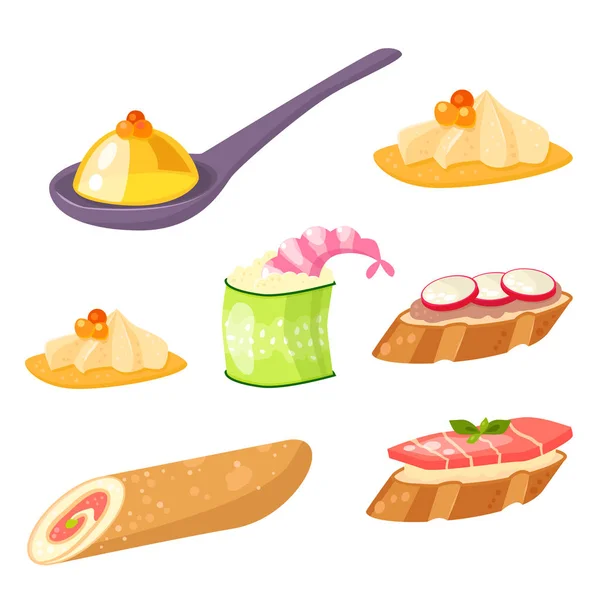 Vari snack di carne tartaruga antipasto snack di pesce e formaggio banchetto su piatto illustrazione vettoriale . — Vettoriale Stock