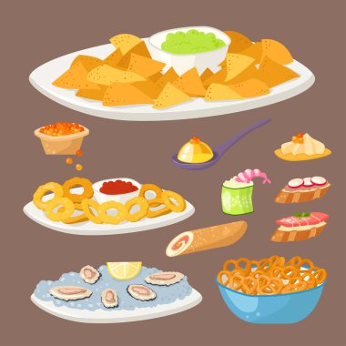 Çeşitli et kanepe aperatifler meze balık ve peynir Ziyafet snacks plakalı vektör çizim.