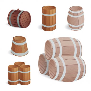 Ahşap varil vintage eski stil meşe saklama kabı ve kahverengi izole retro sıvı İçecek nesne damıtım kargo fermantasyon lager vektör çizim davul.