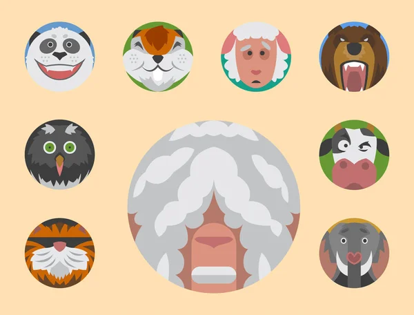 Schattige dieren emoties pictogrammen geïsoleerde leuk stel gezicht gelukkig karakter emoji komische schattig huisdier en expressie smile collectie wild avatar vectorillustratie. — Stockvector