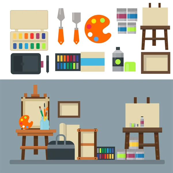 Pintura arte herramientas paleta icono conjunto vector plano ilustración detalles papelería pintura creativa equipo . — Archivo Imágenes Vectoriales