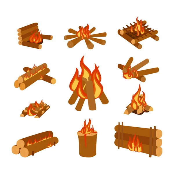 Isolierte Illustration von Lagerfeuerstämmen, die Lagerfeuer und Brennholzstapelvektor verbrennen — Stockvektor