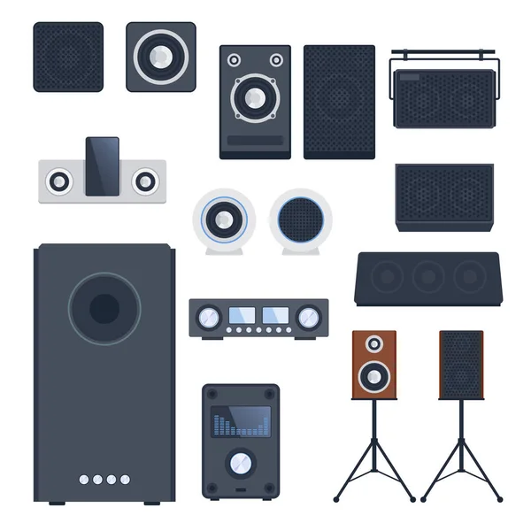 Home sound system stereo flat vector music loudspeakers player subwoofer equipment technology. — Stock Vector