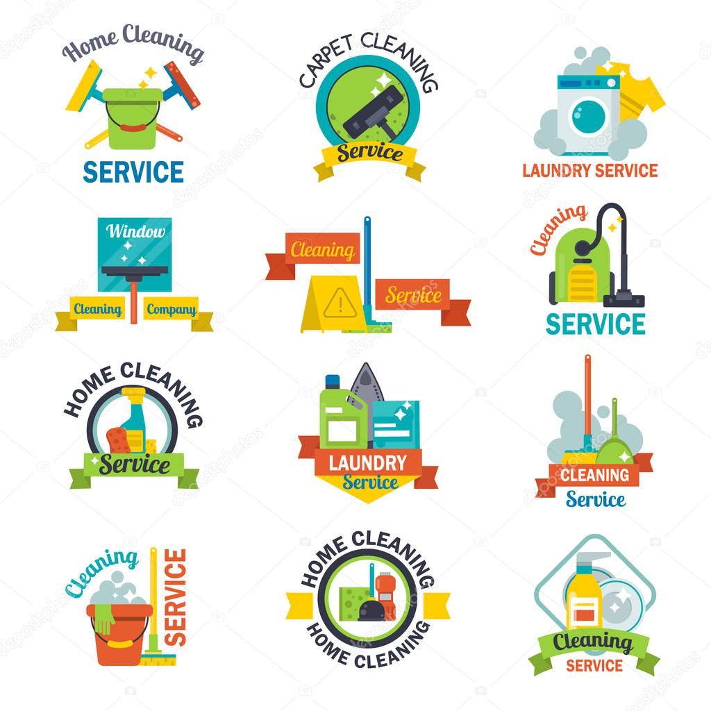Set of cleaning service emblems labels design home household symbol work brush vector illustration.